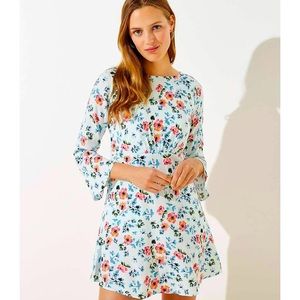 Ann Taylor LOFT Floral Tie-Back Bell Sleeve Dress in Soft Blue Breeze